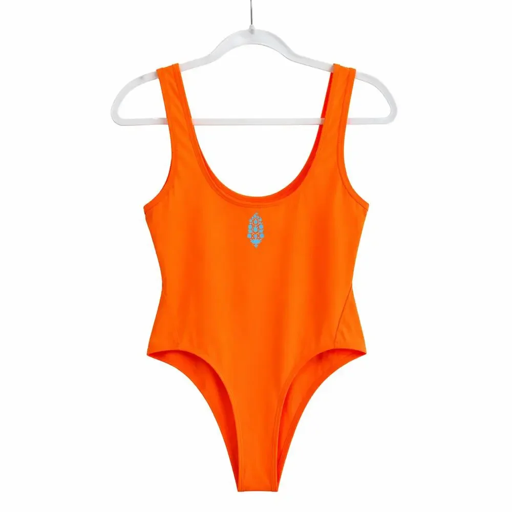 Free People Movement Orange Bodysuit Scoop Neck Stretch Fitted Everyday M sexy